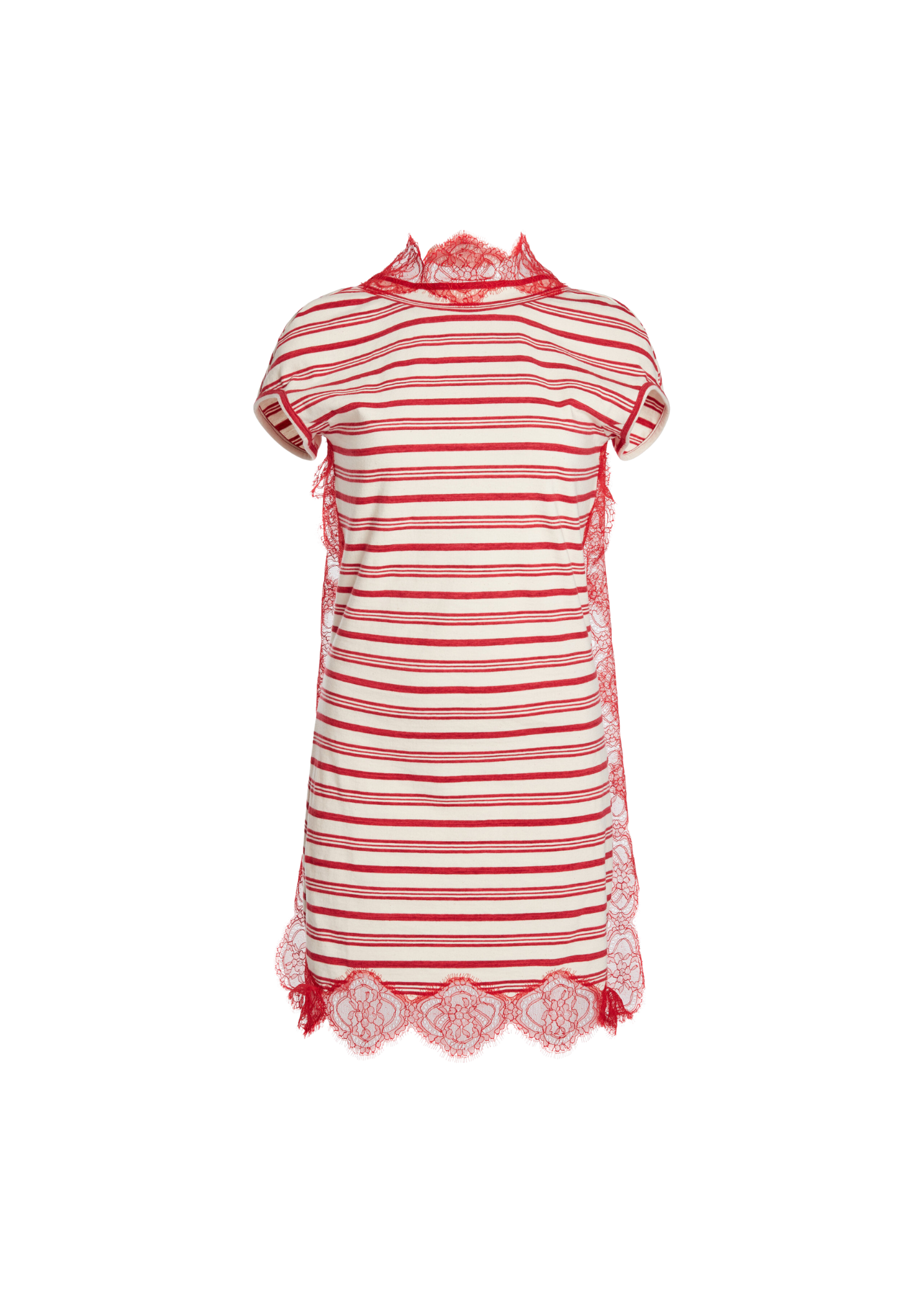 A short-sleeve dress with red and white horizontal stripes, featuring red lace trim at the high collar, sleeve hems, and bottom hem.
