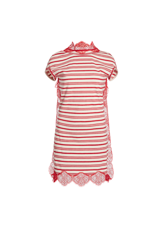 A short-sleeve dress with red and white horizontal stripes, featuring red lace trim at the high collar, sleeve hems, and bottom hem.