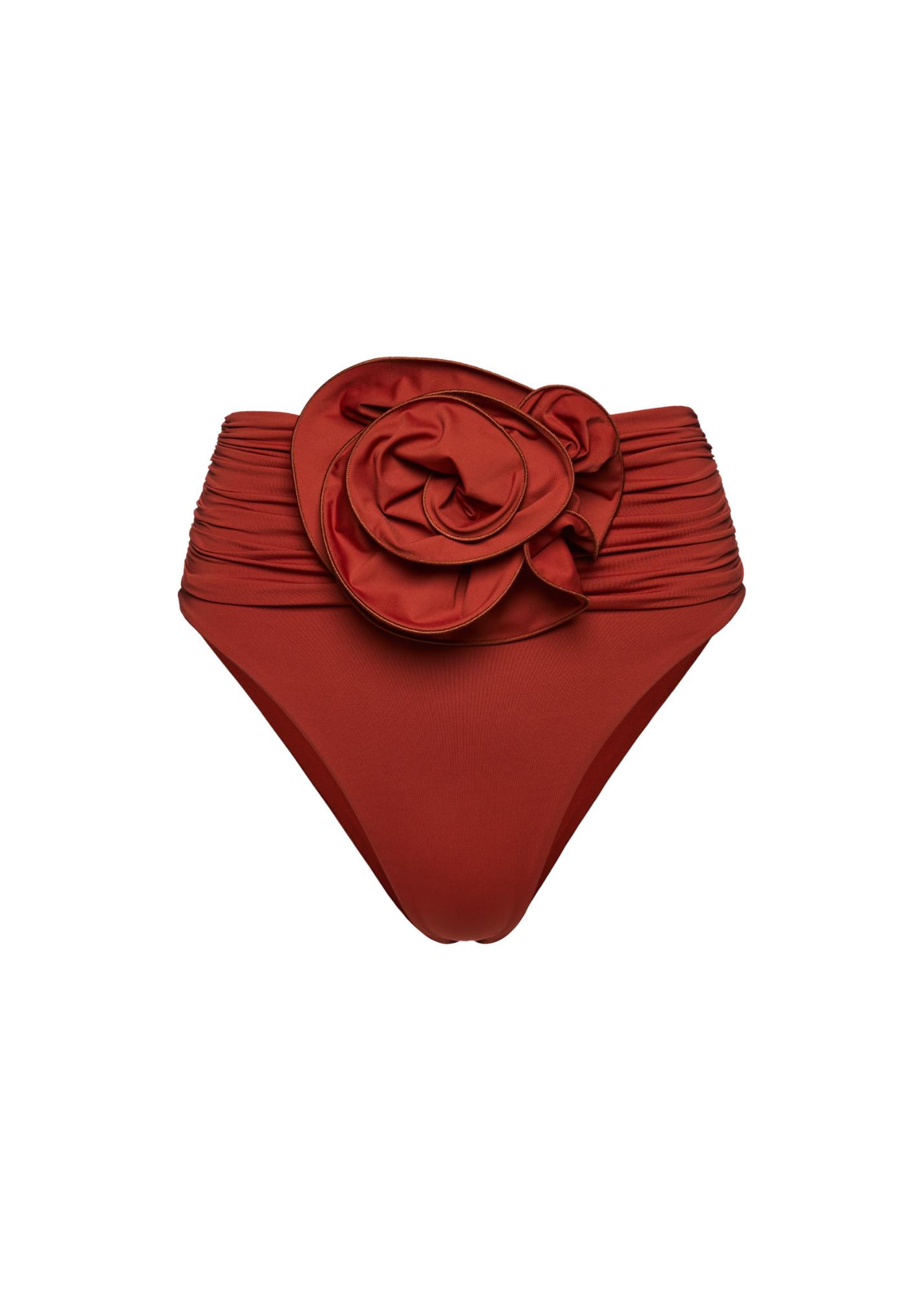 Red bikini bottom with a floral design on a white background