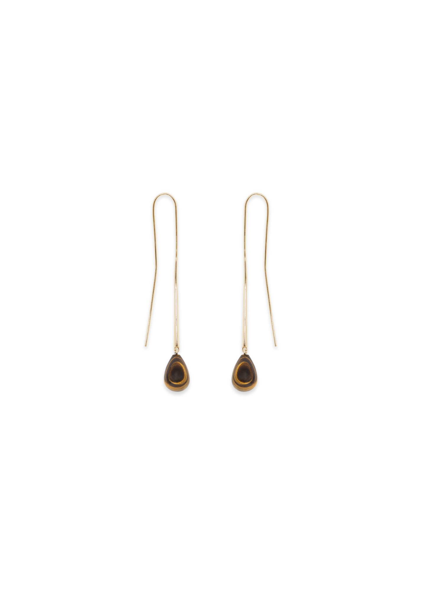 A pair of gold drop earrings with teardrop-shaped brown and black stone pendants, shown against a plain white background.
