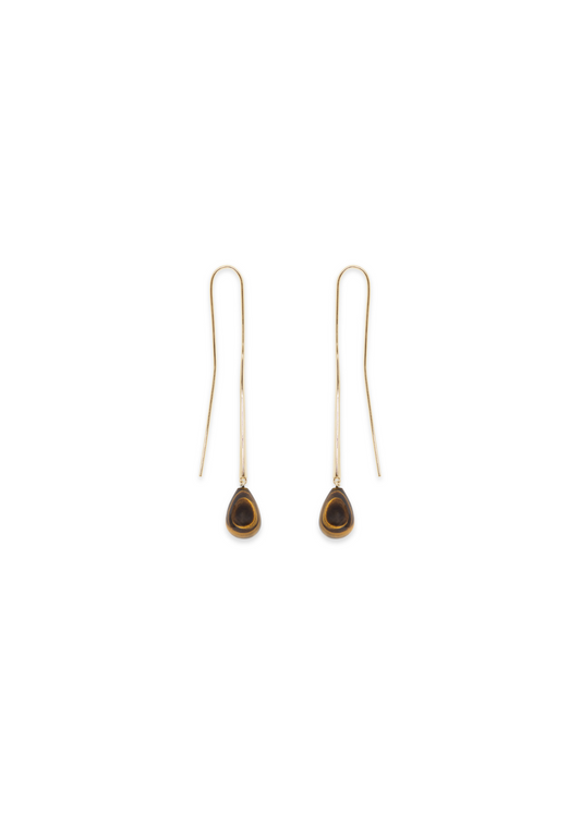 A pair of gold drop earrings with teardrop-shaped brown and black stone pendants, shown against a plain white background.