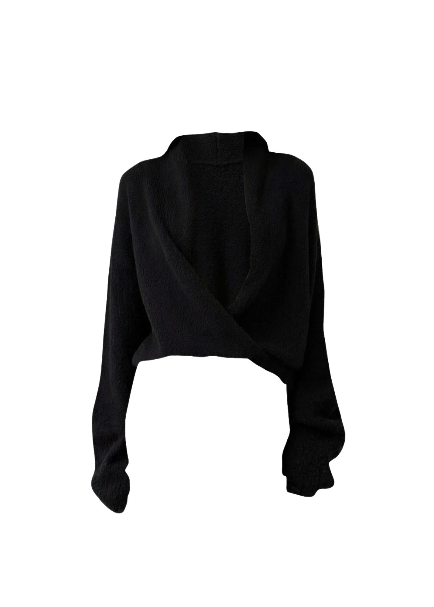 A black knit long-sleeve wrap-style cropped sweater with a high folded collar, shown against a plain white background.