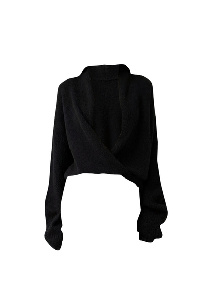 A black knit long-sleeve wrap-style cropped sweater with a high folded collar, shown against a plain white background.