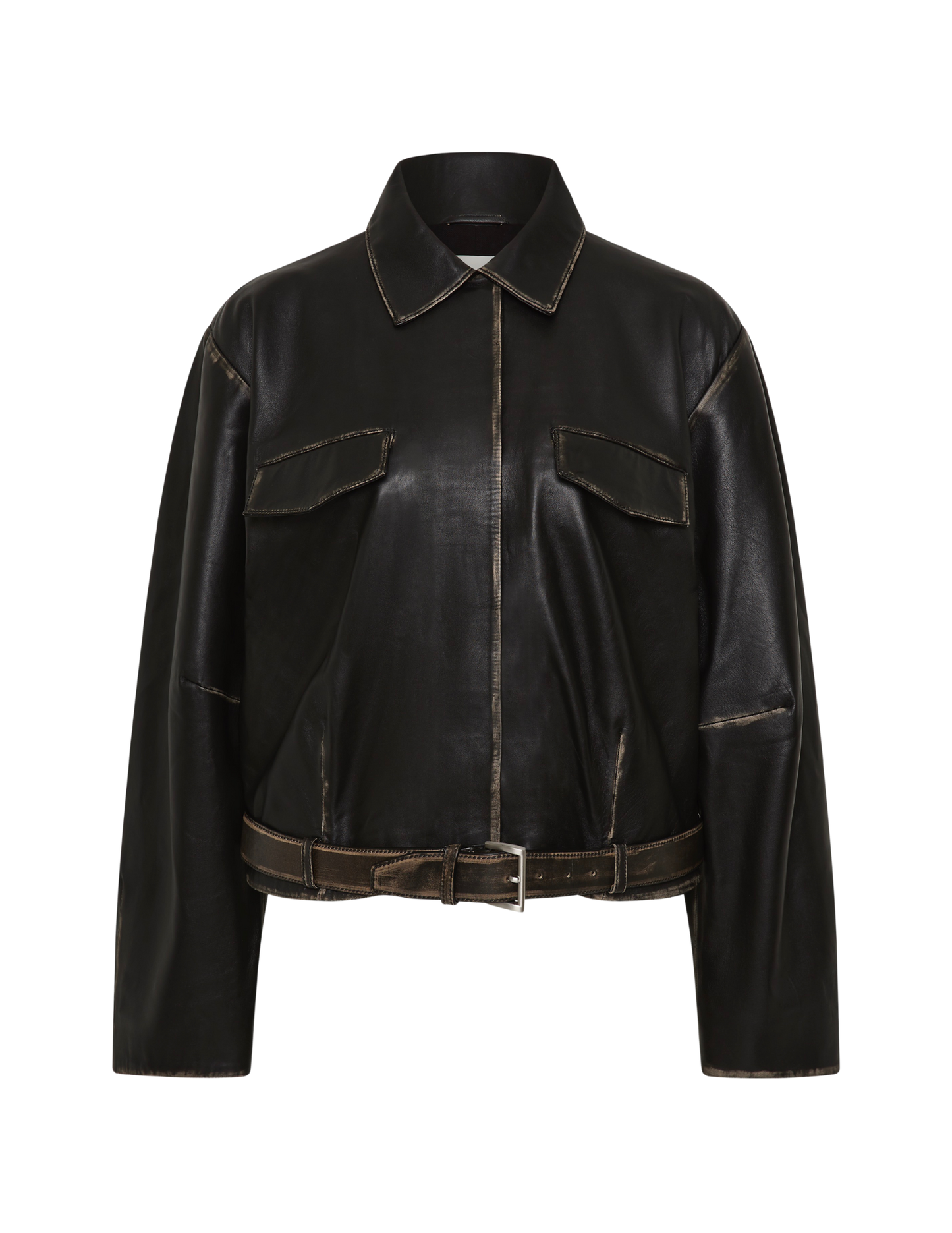 Black leather jacket on a white background