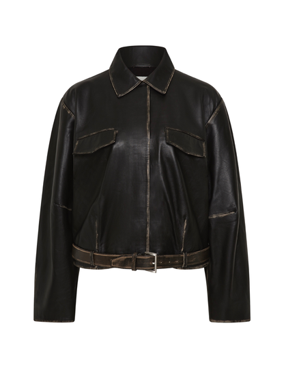 Black leather jacket on a white background