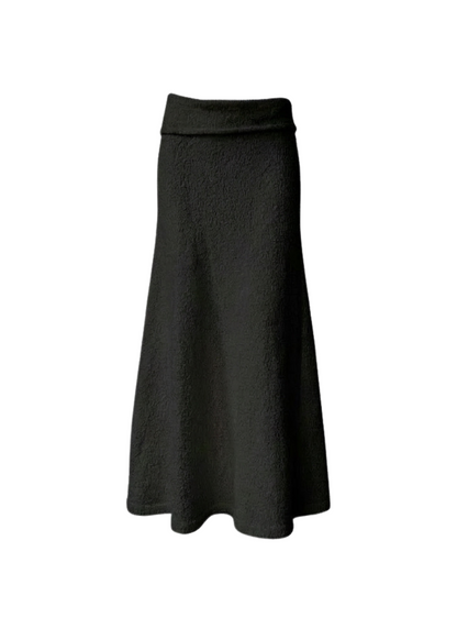 A black textured midi skirt with a wide waistband, displayed against a solid white background.