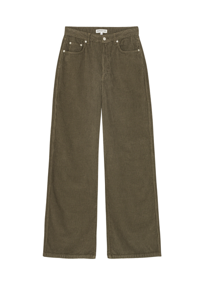 Pair of olive green pants on a white background
