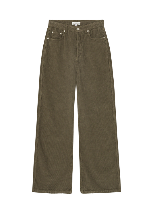 Pair of olive green pants on a white background