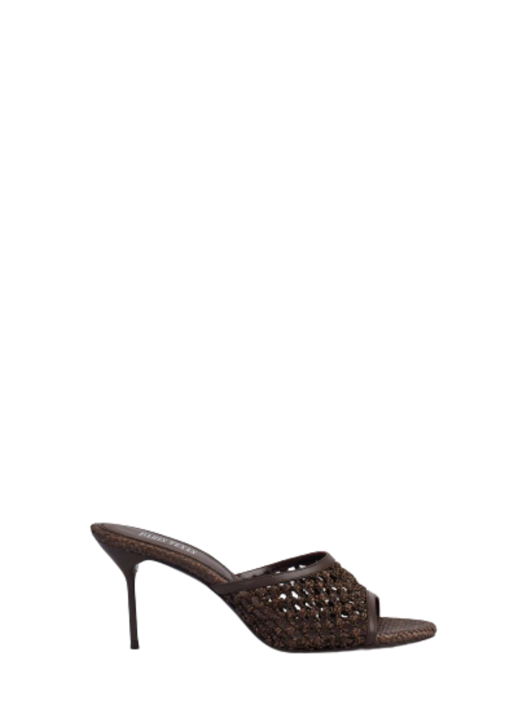 Brown high-heeled shoe with open toe design on a white background