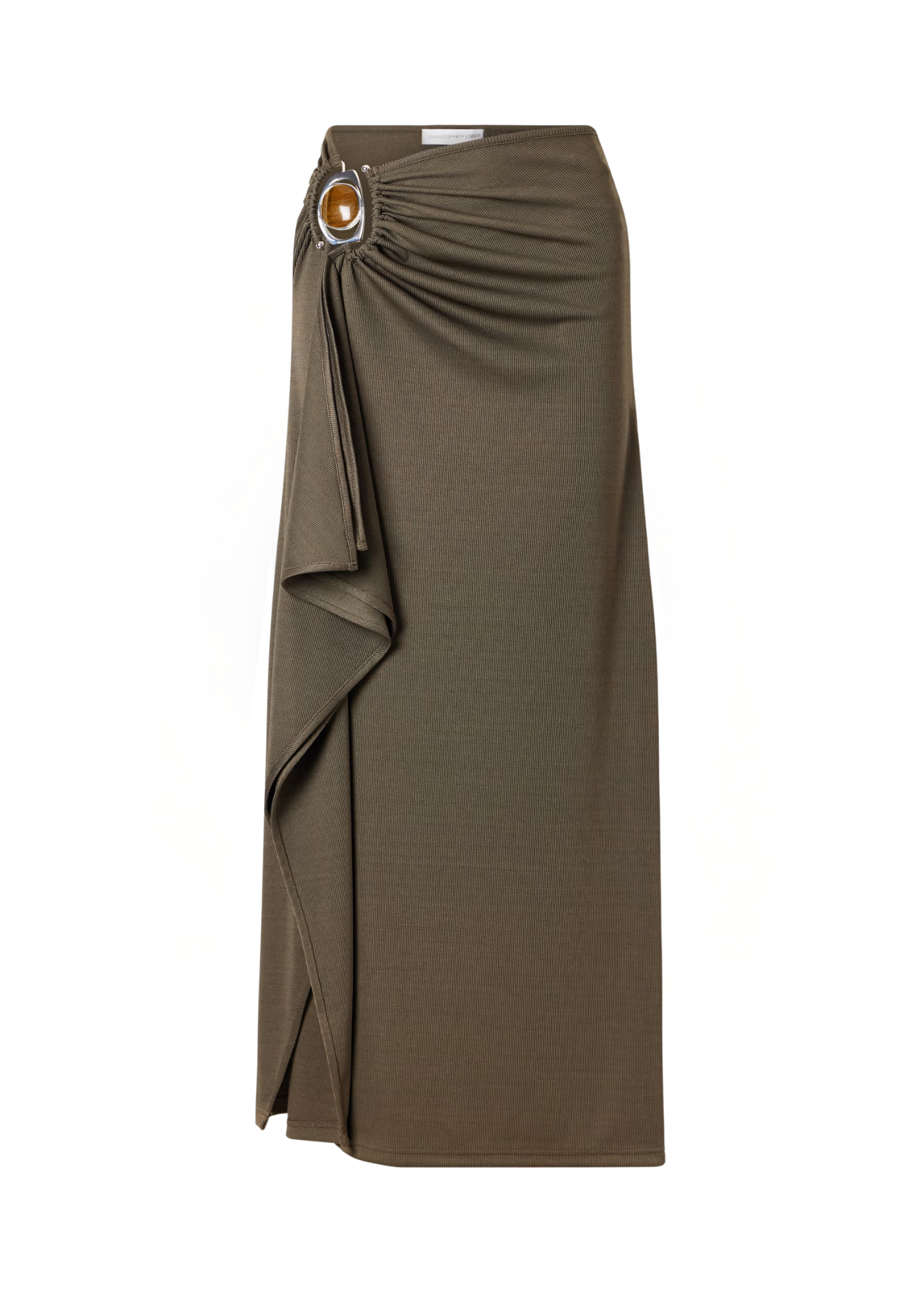 Brown skirt with a decorative button on a white background