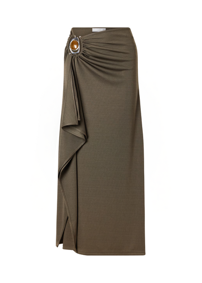 Brown skirt with a decorative button on a white background
