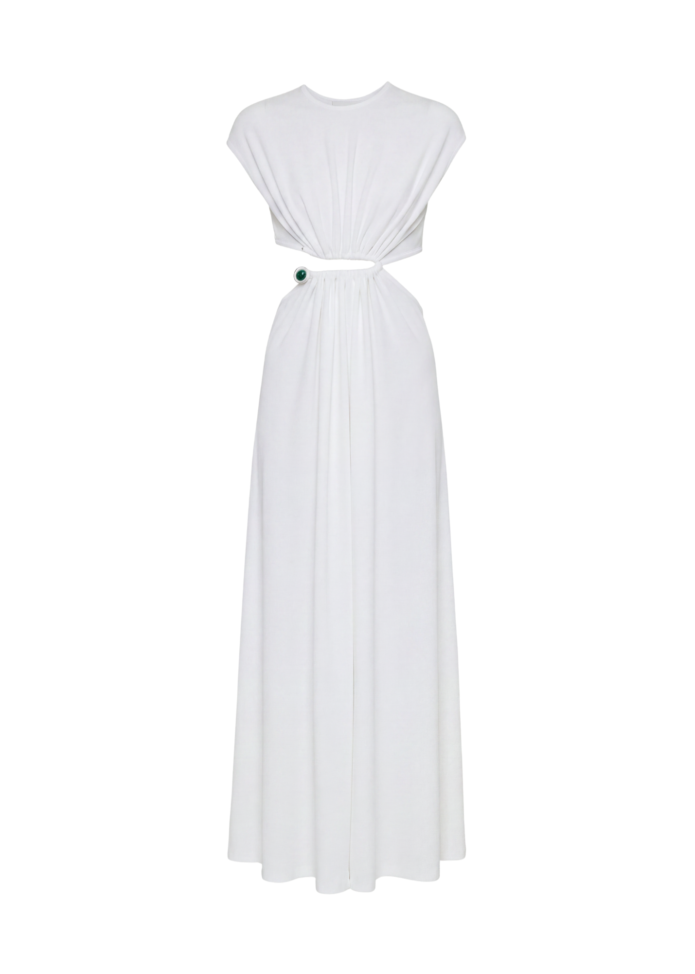 A white floor-length dress with cap sleeves and a draped, gathered waist detail, shown against a plain white background.
