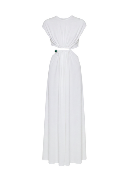 A white floor-length dress with cap sleeves and a draped, gathered waist detail, shown against a plain white background.