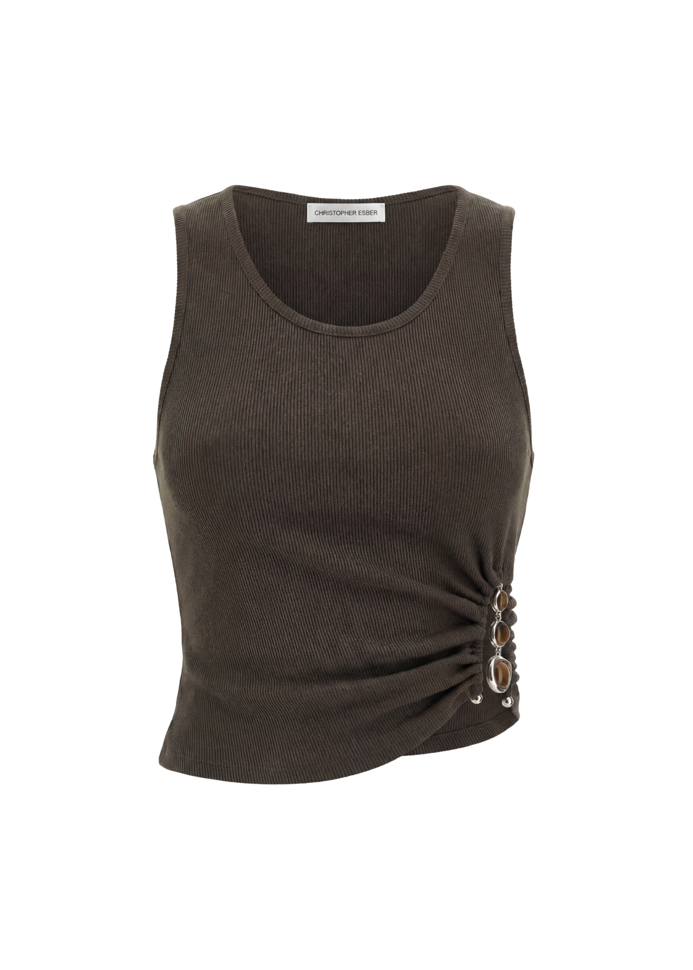 Brown tank top with decorative elements on a white background