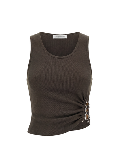 Brown tank top with decorative elements on a white background