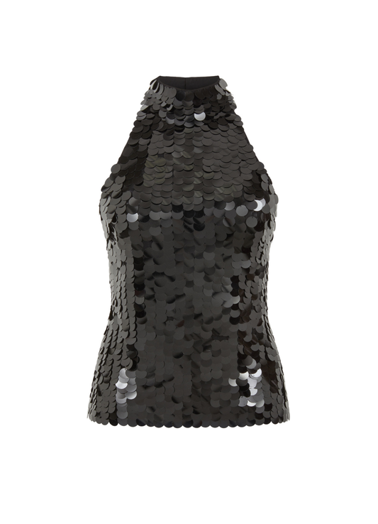 Black sequin top on a white background