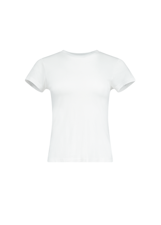 Plain white t-shirt on a light beige background