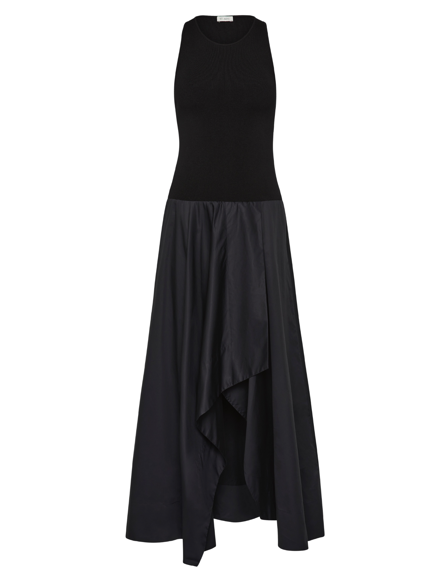 Black sleeveless dress with a layered skirt on a white background