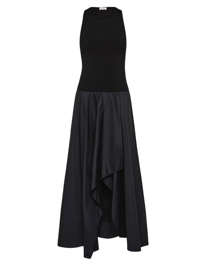 Black sleeveless dress with a layered skirt on a white background