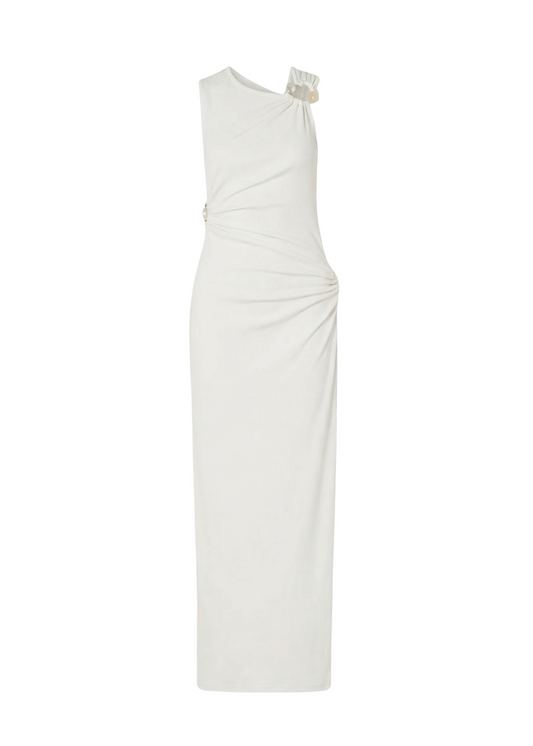 White one-shoulder dress with a stone detail on a white background