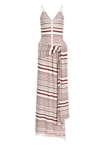 Striped dress with red and white pattern on a white background