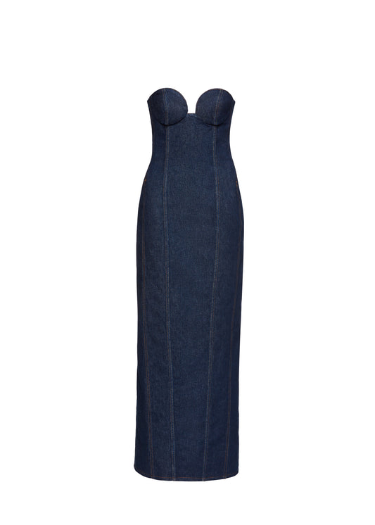 Strapless Denim Bustier Dress in Navy Blue
