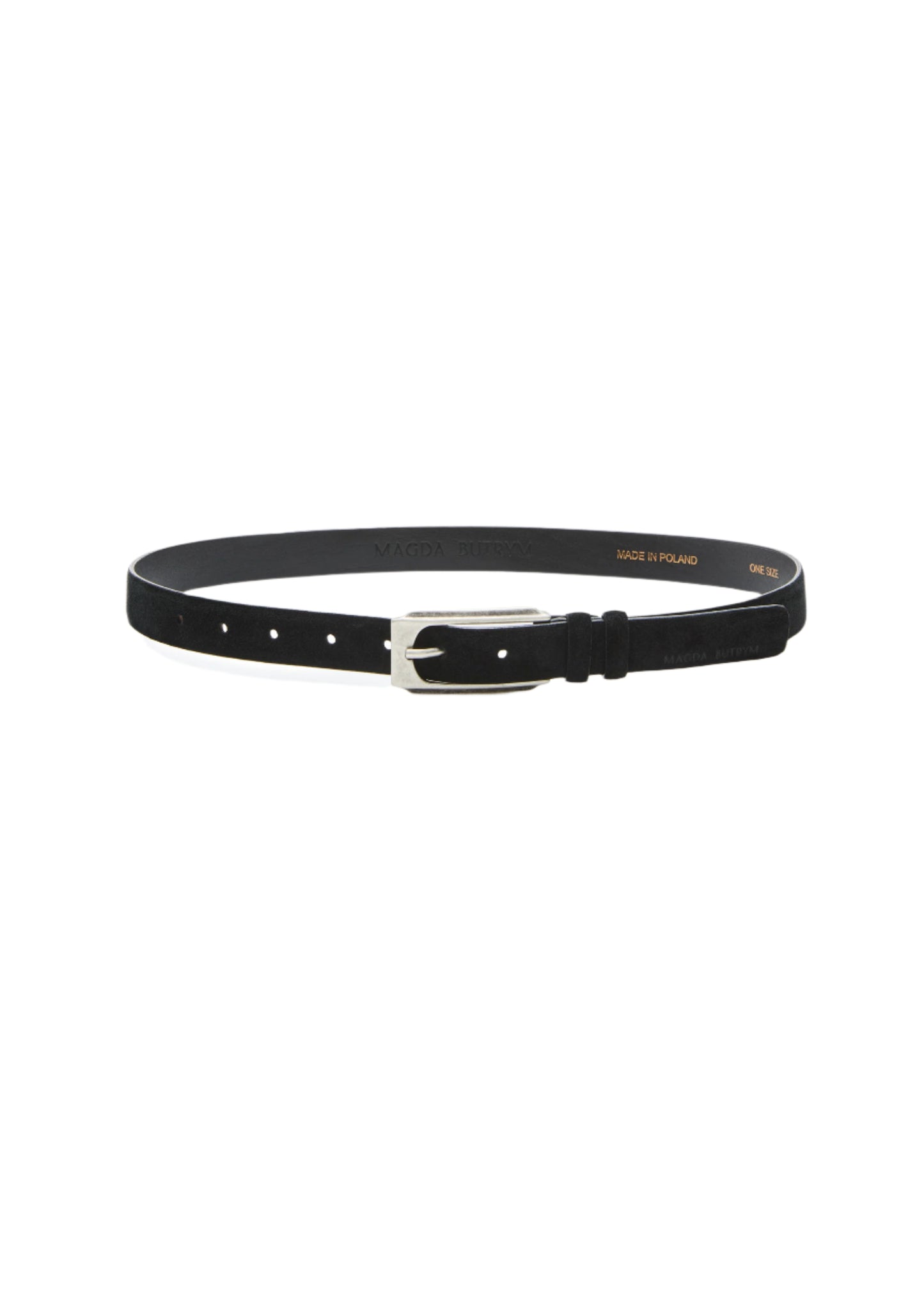 Black belt with silver buckle on a white background