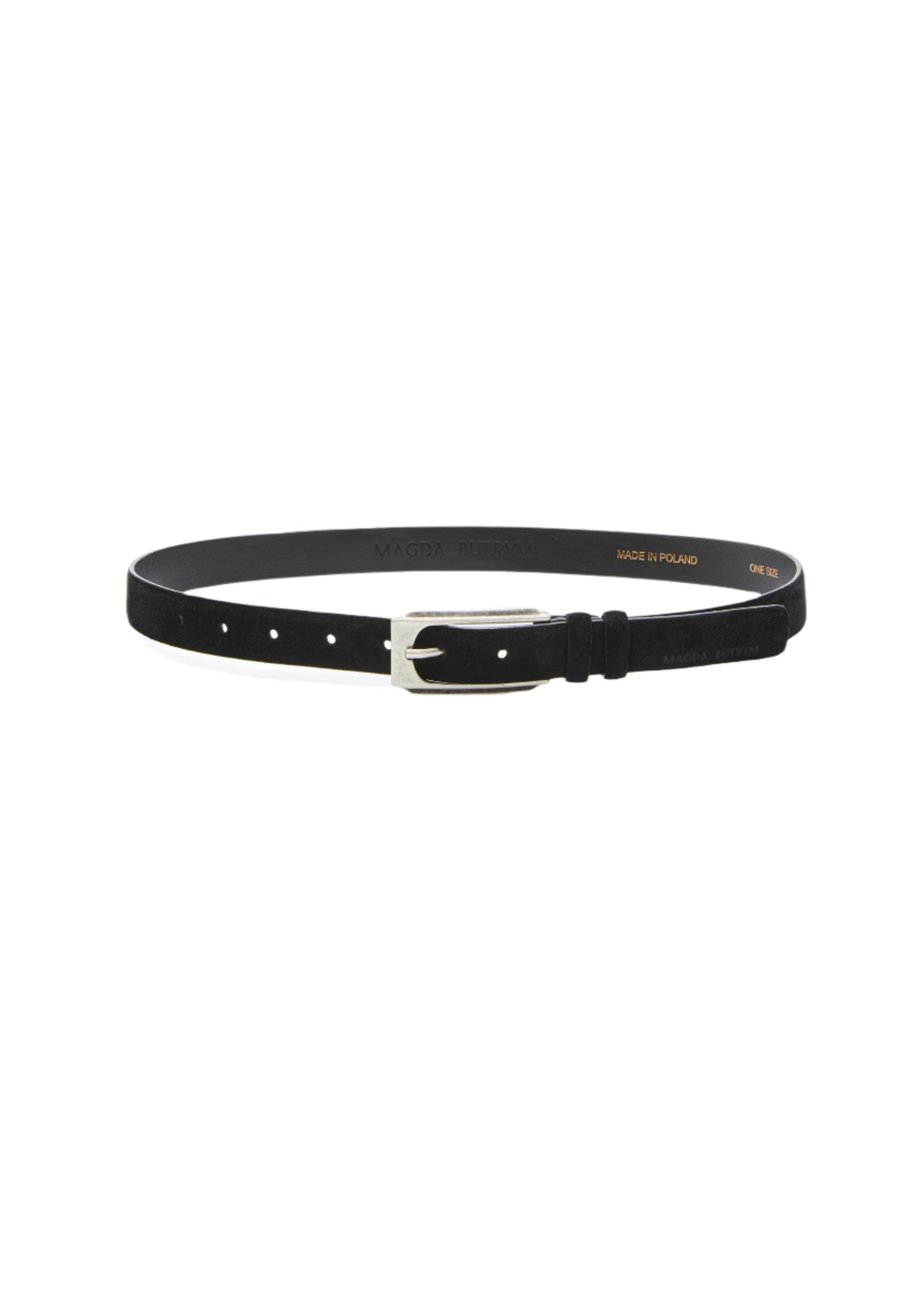 Black belt with silver buckle on a white background