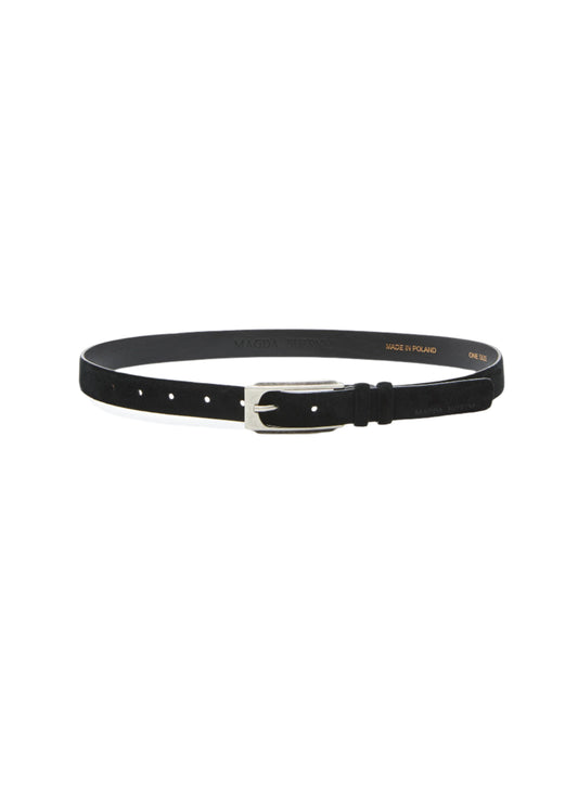 Black belt with silver buckle on a white background