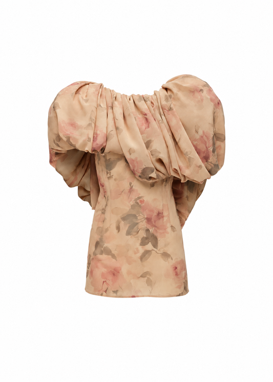 Puff Collar Mini Dress in Beige Floral Print
