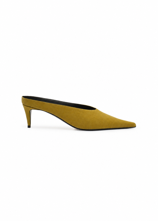 Satin Kitten Heel Mules in Green