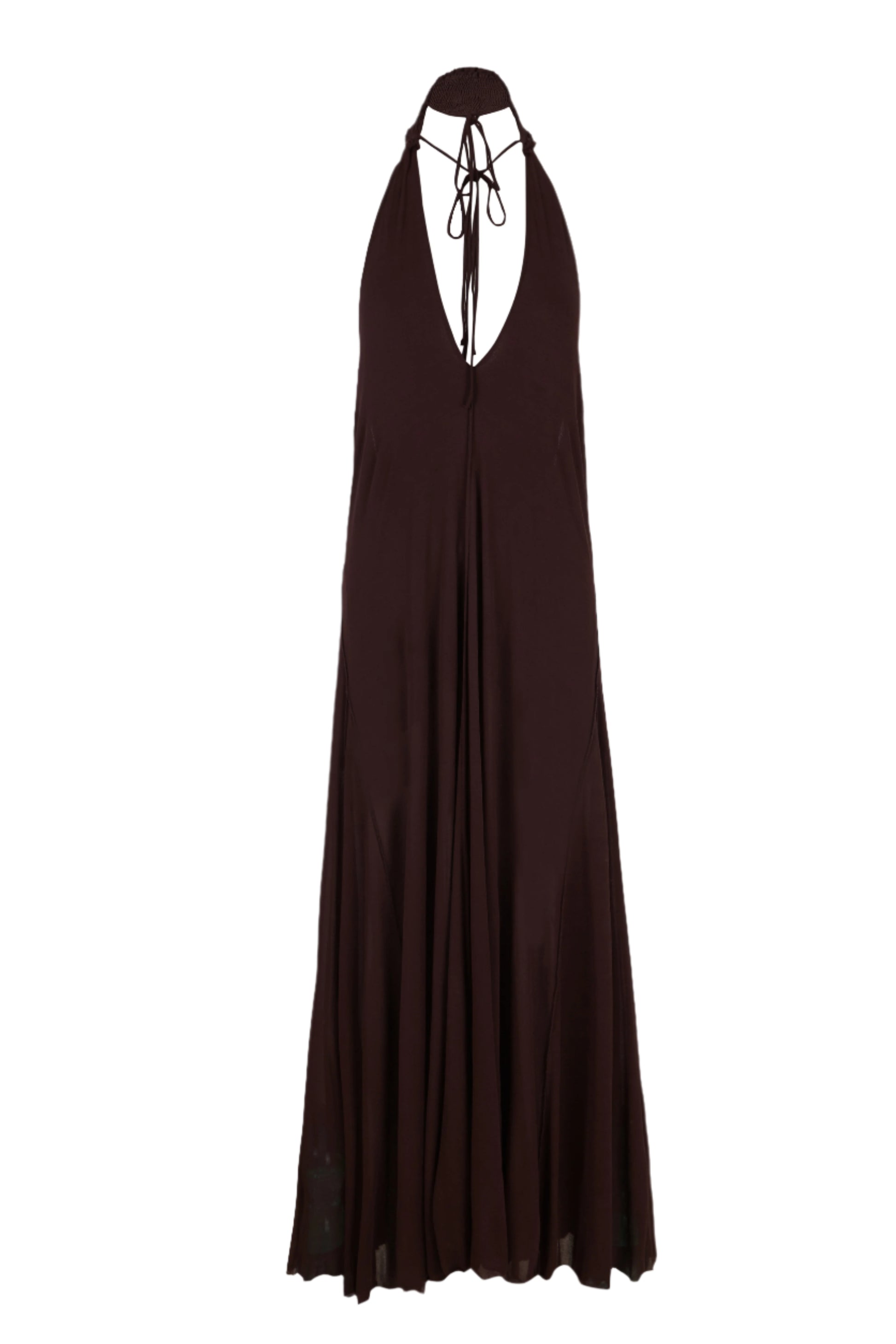 Long brown dress with a halter neck on a white background