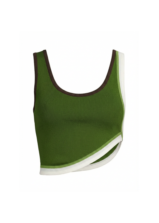 Green tank top with brown trim on a white background
