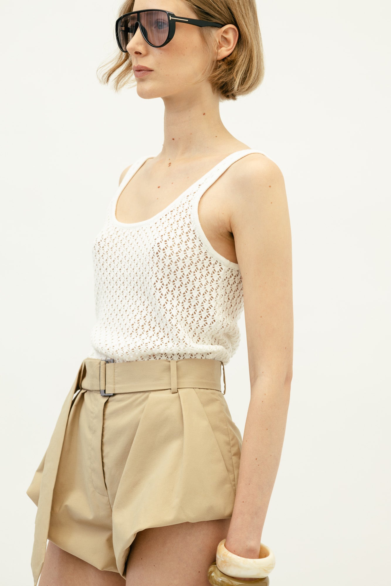 Flared Wool Shorts in Beige