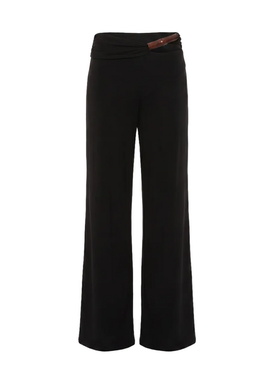 Black wide-leg pants with a brown belt on a white background