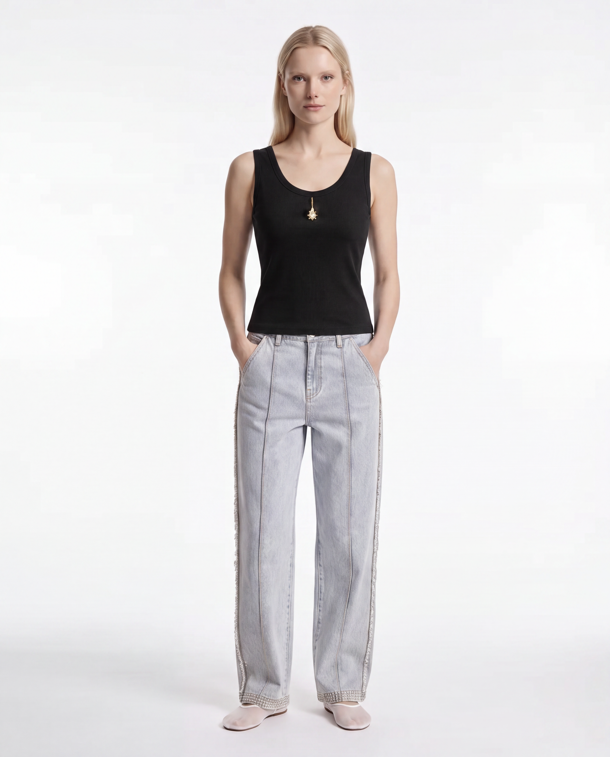 Jacques Wei Raw Edged Straight-Leg Jeans in light gray, view 3