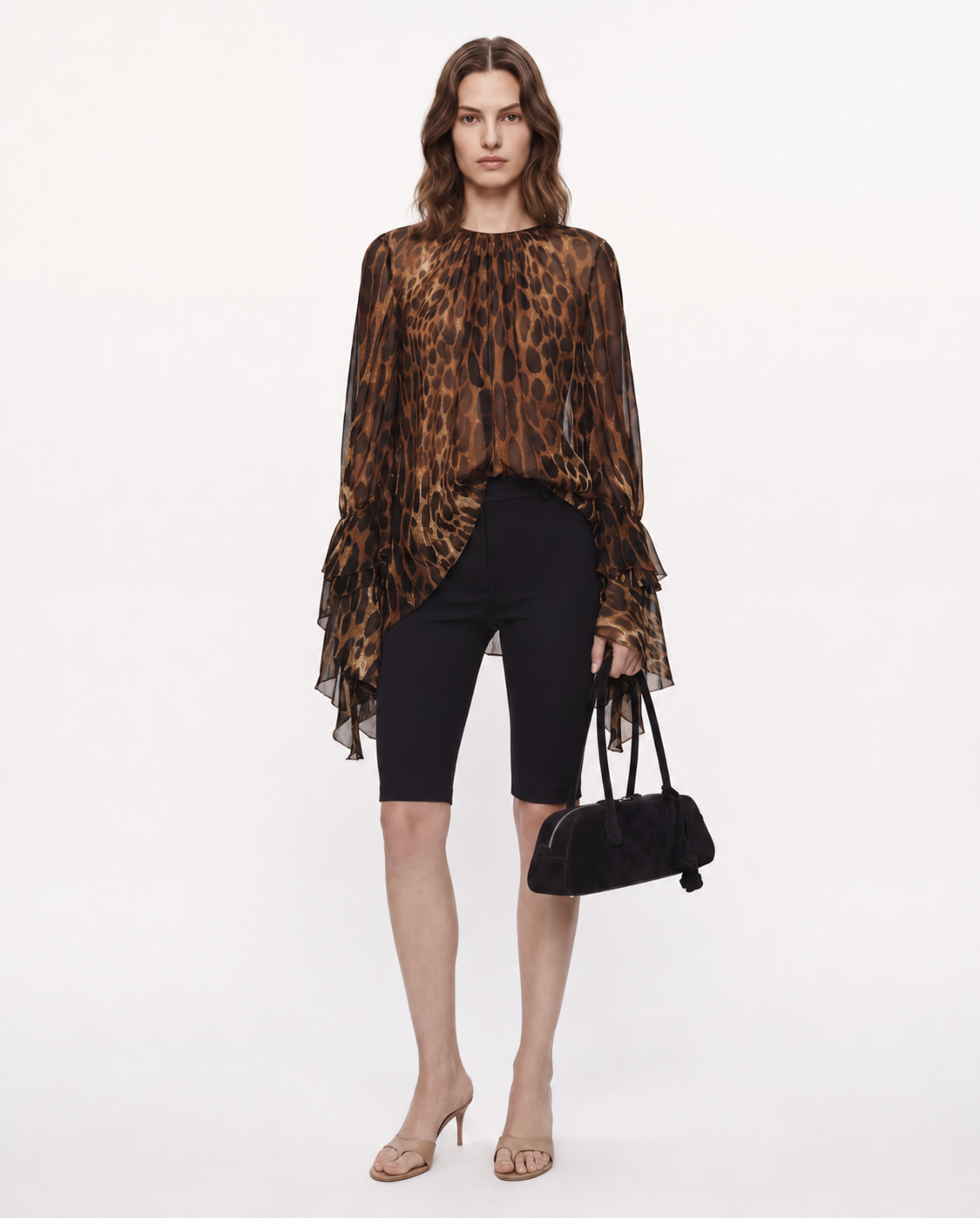 Jacques Wei Leopard Printed Ruffled Sleeve Silk Blouse, view 2