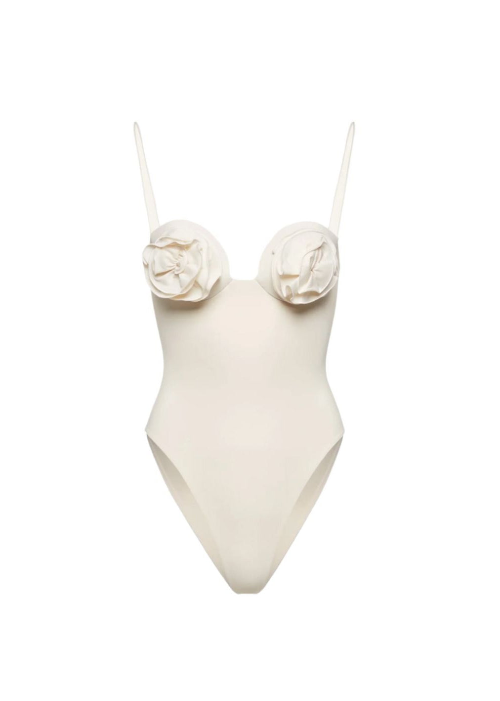 White swimsuit with floral details on a white background