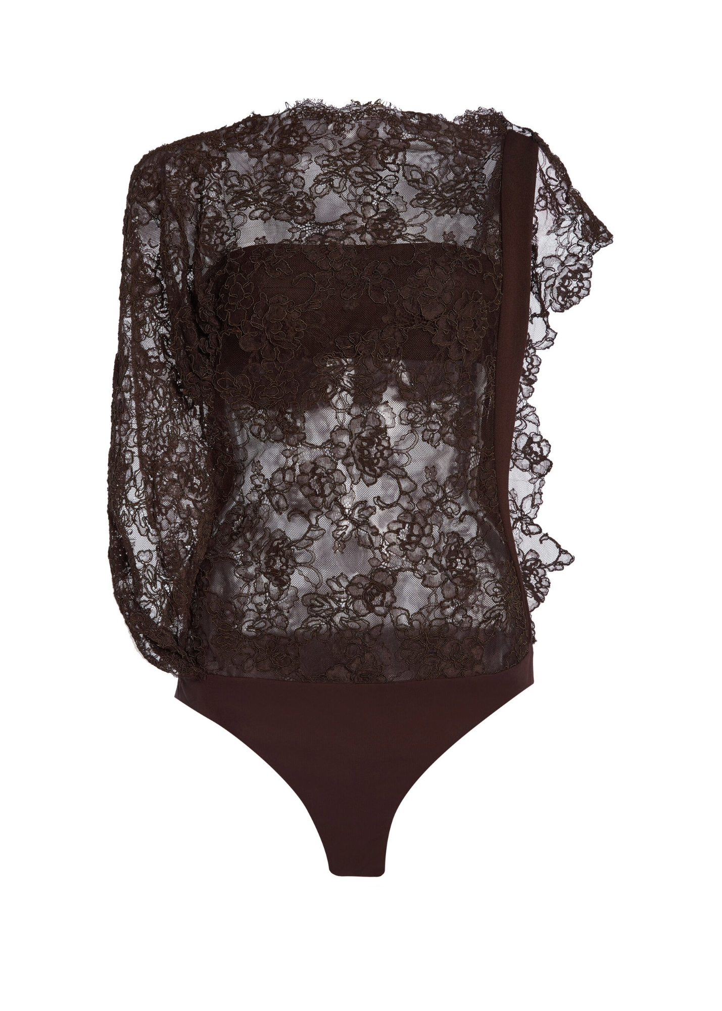 Black lace bodysuit on a white background