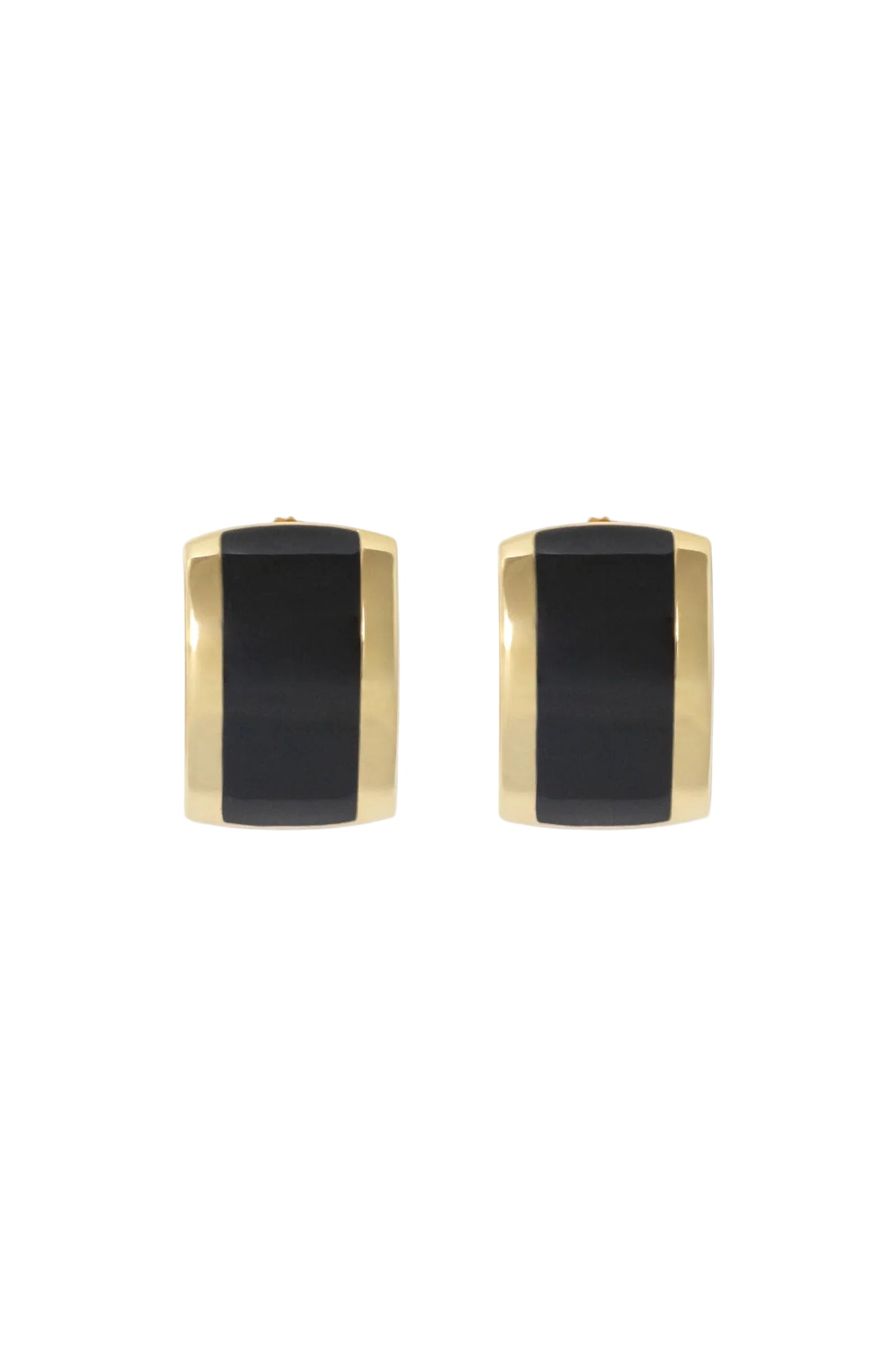 Pair of gold and black earrings on a light gray background
