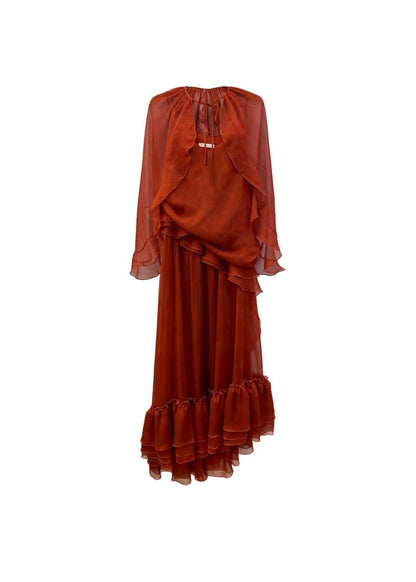 Jacques Wei Vermilion Sheer Cloaked Chiffon Camisole Dress