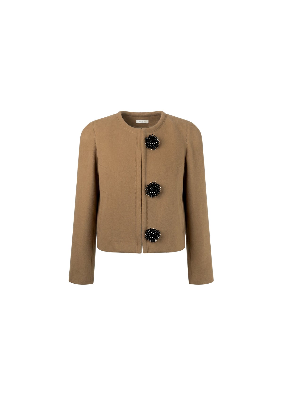 A cropped tan wool jacket with three black beaded decorative buttons, displayed on a clean white background.