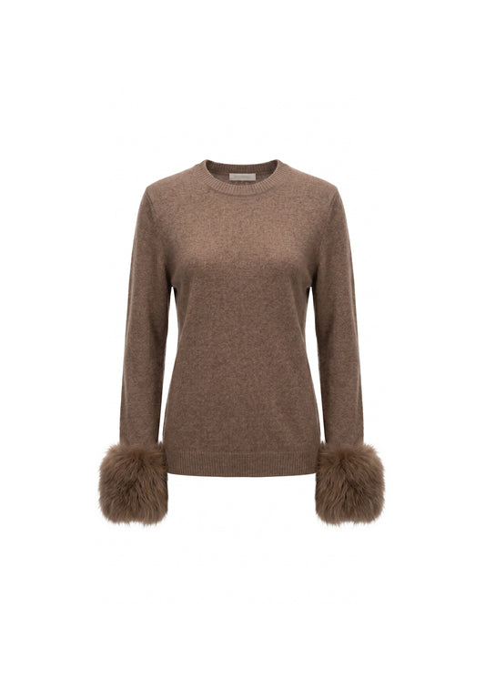 Jacques Wei Camel Cashmere Detachable Fur Cuff Pullover Sweater