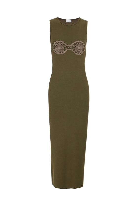 Crochet Bra Cotton Tank Dress in Khaki