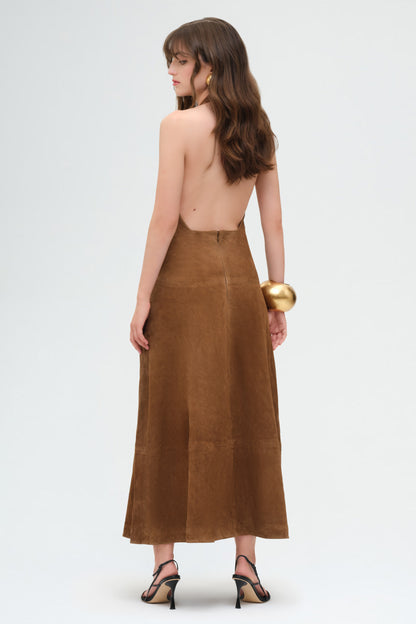 Suede Halter Plunge Dress