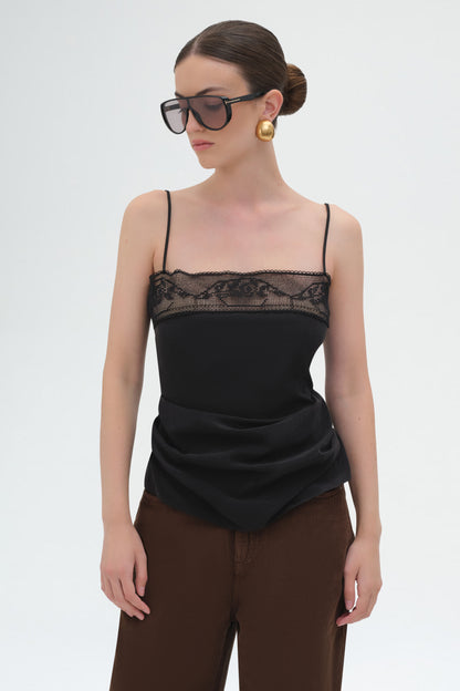 Draped Silk Lace-Trim Top