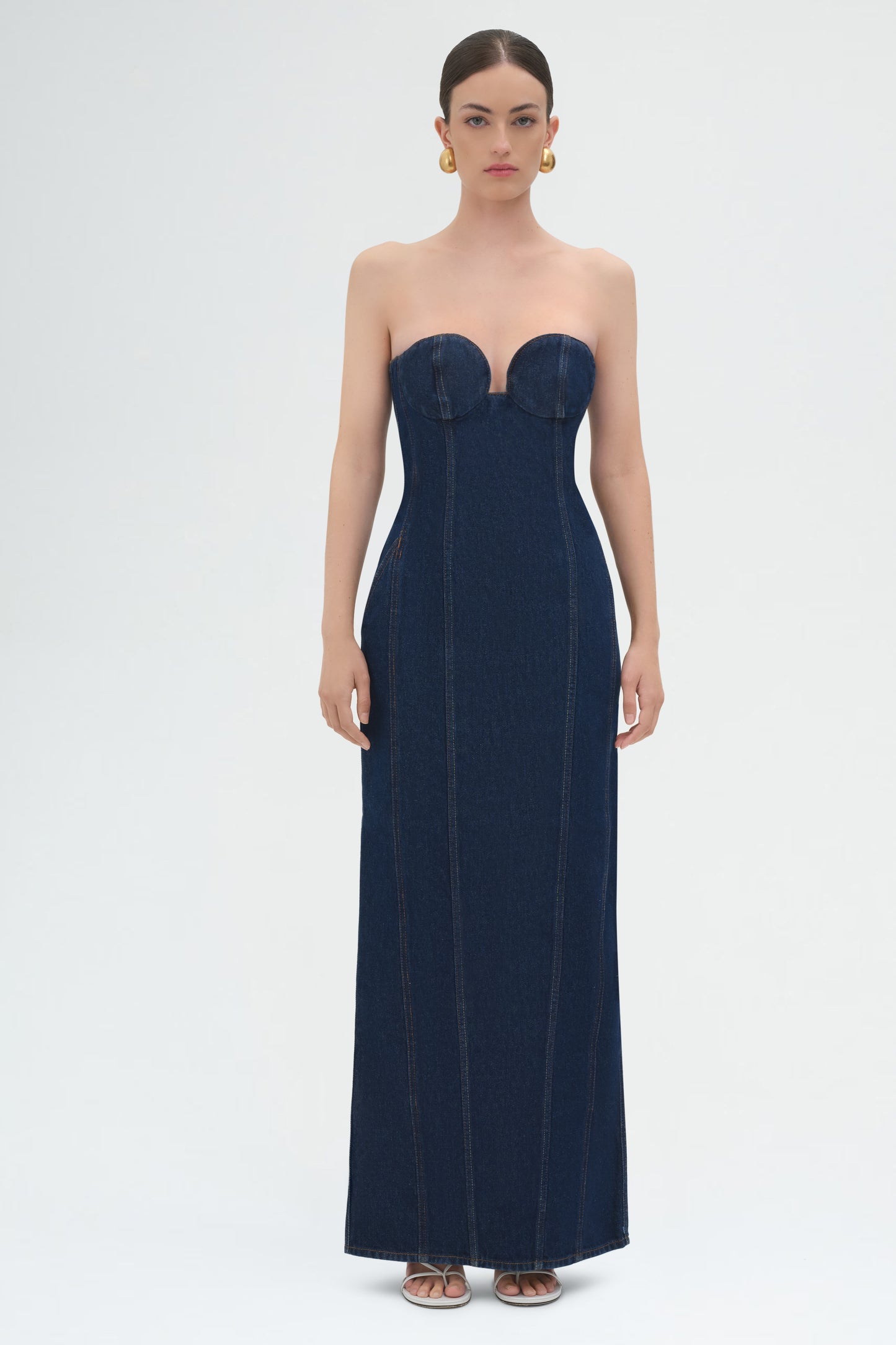 Strapless Denim Bustier Dress in Navy Blue