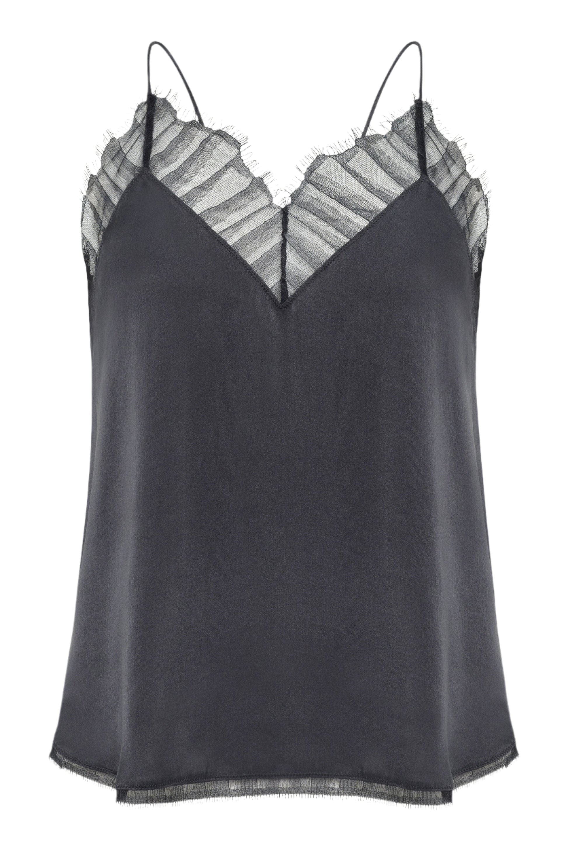 Black satin camisole with lace trim on a white background