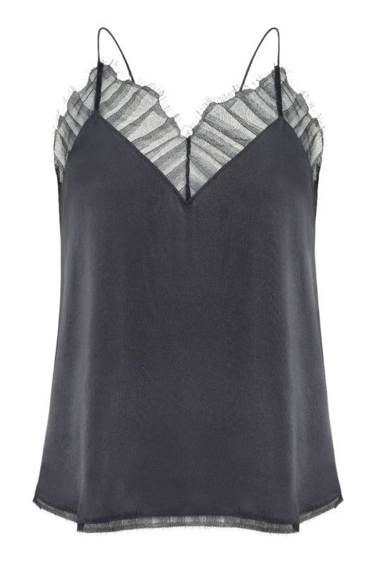 Black satin camisole with lace trim on a white background