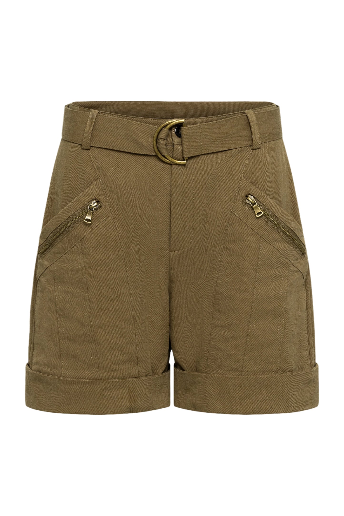 Brown shorts with a belt and zippers on a white background